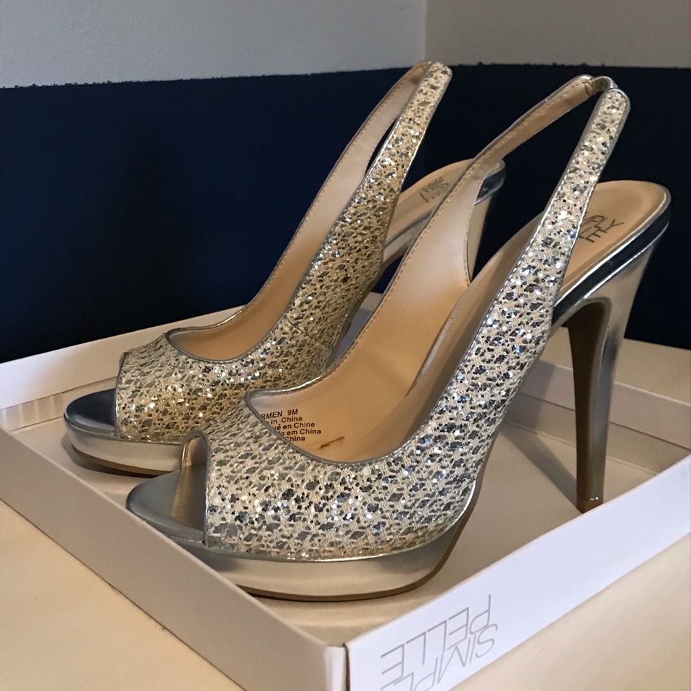 Gold and silver glittery sling heels Size 9 peep toe Wedding bridal party